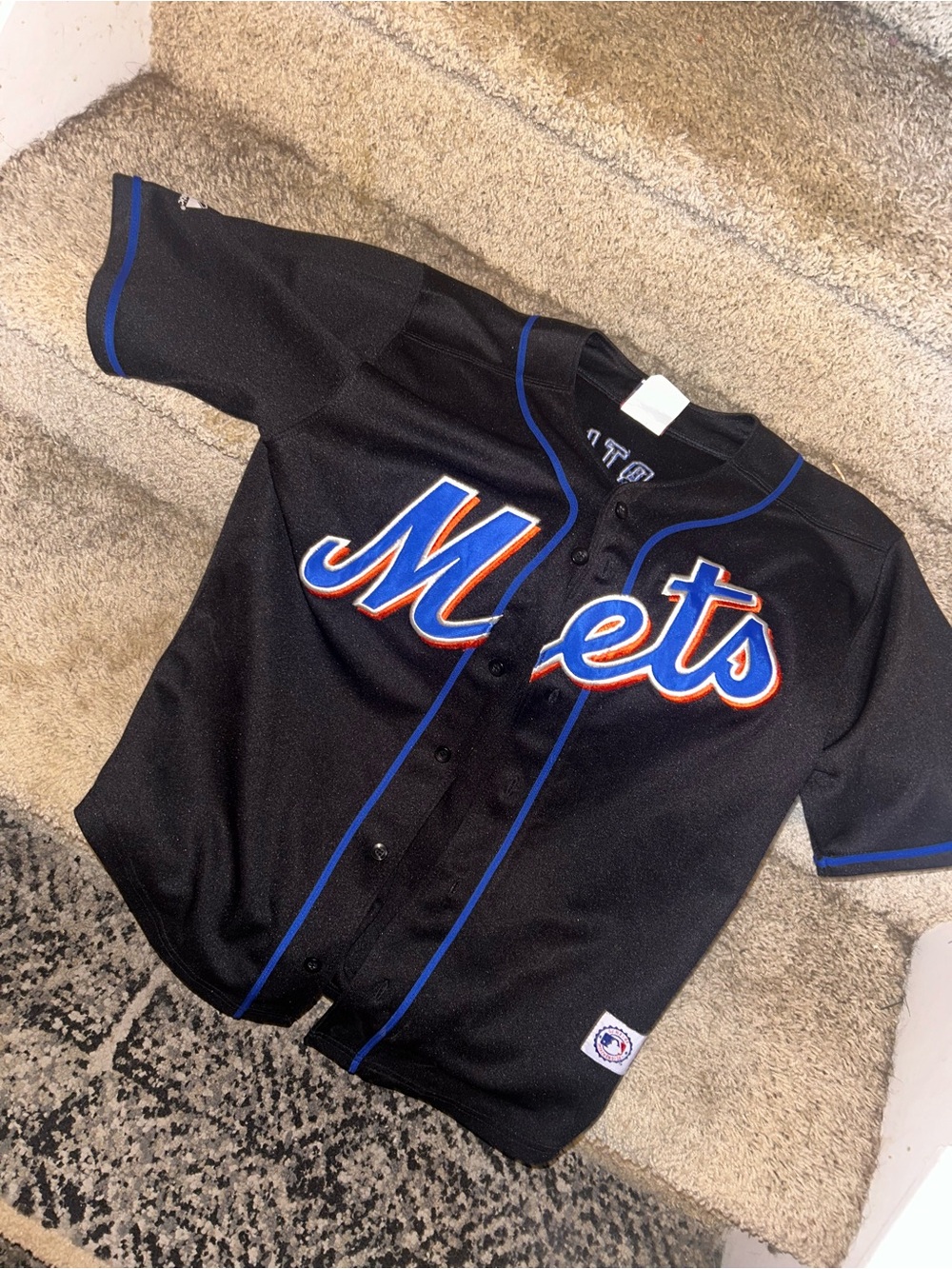 Majestic Black Mets Kids Button-Front Jersey with Blue & Orange Trim